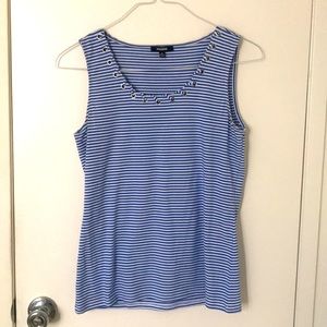 "nautical" blue/white thin-striped tank top w grommet neck detail